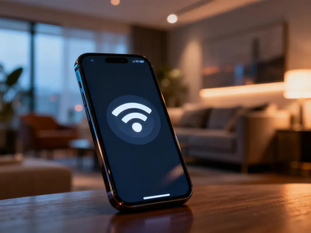 Ekran smartfona z ikoną zasięgu i Wi-Fi, symbolizujący aktywne połączenie Wi-Fi Calling w przytulnym wnętrzu.