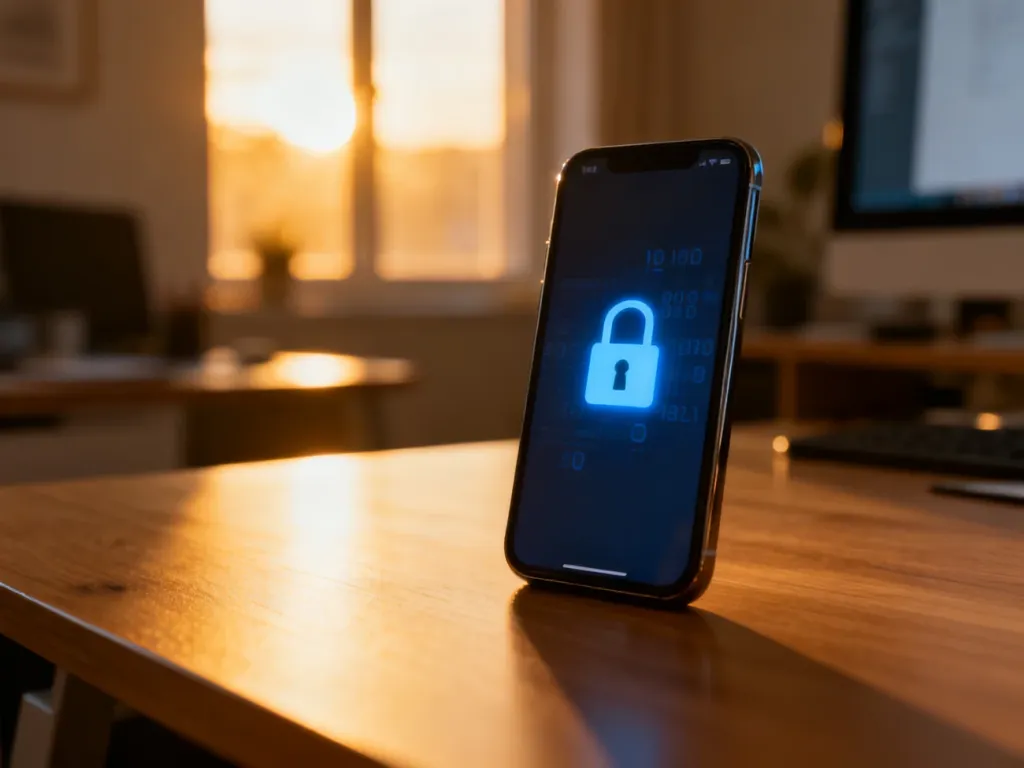 Smartfon z ikoną kłódki na ekranie, symbolizujący ustawienia zabezpieczeń i ochronę urządzenia na drewnianym biurku.