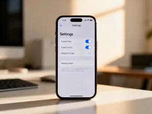 Smartfon z otwartą aplikacją muzyczną na drewnianym biurku obok słuchawek i kawy, tworzący przytulny klimat do słuchania muzyki.