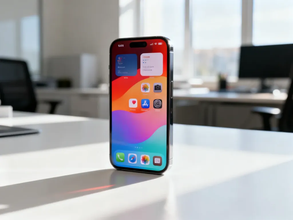 Nowoczesny smartfon z kolorowym interfejsem iOS 17 na ekranie, leżący na minimalistycznym biurku w słonecznym biurze.