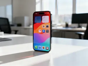 Nowoczesny smartfon leżący na drewnianym biurku obok zwiniętego kabla do ładowania.