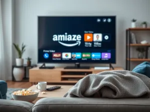 Smartfon leżący na stoliku przed telewizorem, na którego ekranie widoczna jest ikona bezprzewodowego przesyłania obrazu.