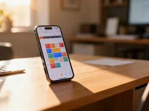 Ekran laptopa z otwartym menu ustawień procesów w tle w przytulnym domowym biurze.