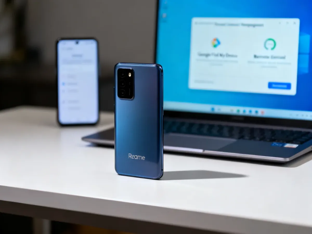 Zablokowany telefon Realme obok urządzenia używanego do zdalnego wymazania danych