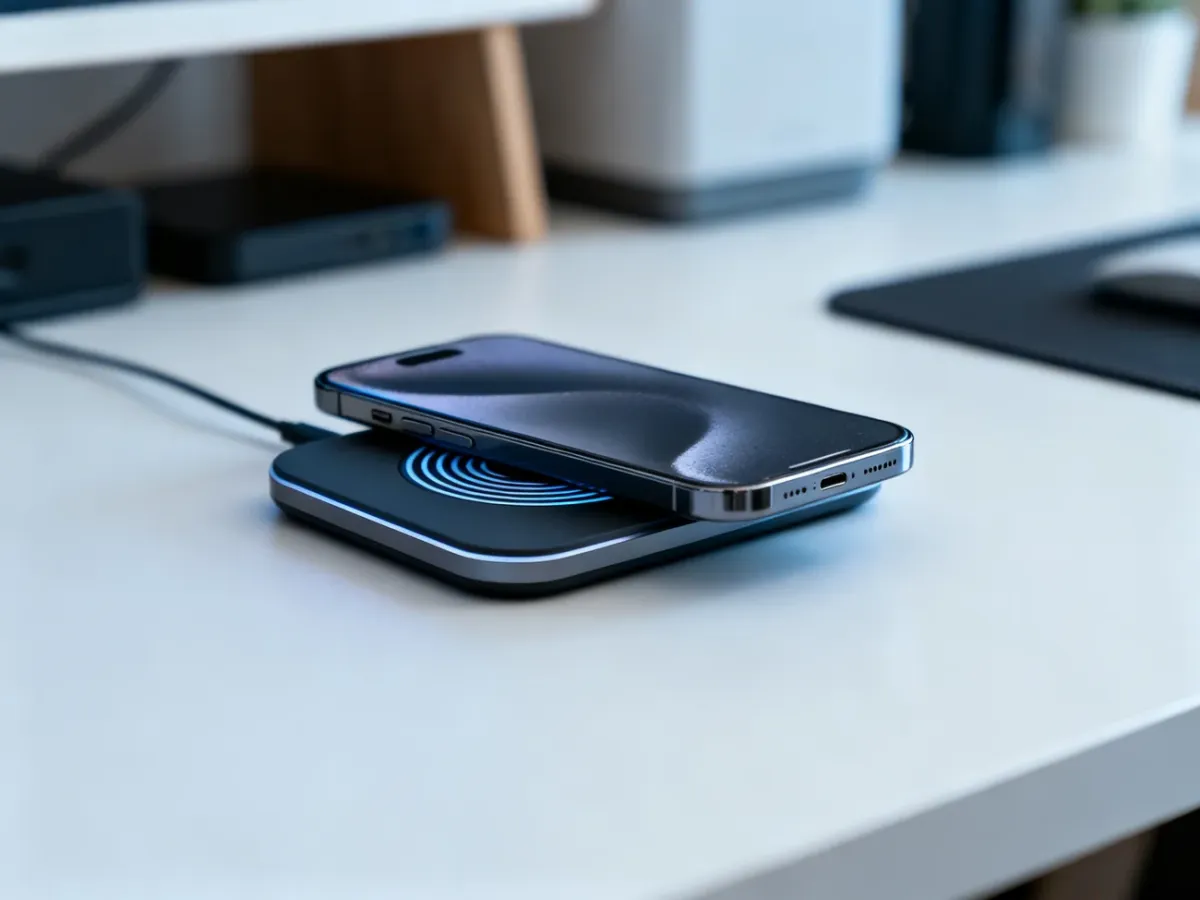 Smartfon ułożony centralnie na ładowarce bezprzewodowej