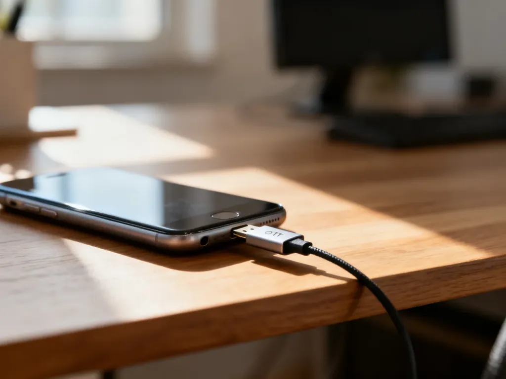 Smartfon podłączony do pendrive'a za pomocą adaptera OTG na drewnianym biurku.