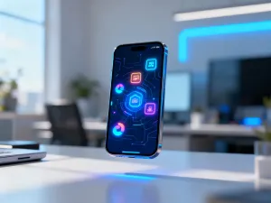 Nowoczesny smartfon z wyświetlonym interfejsem finansowym na tle biurowego biurka w porannym świetle.