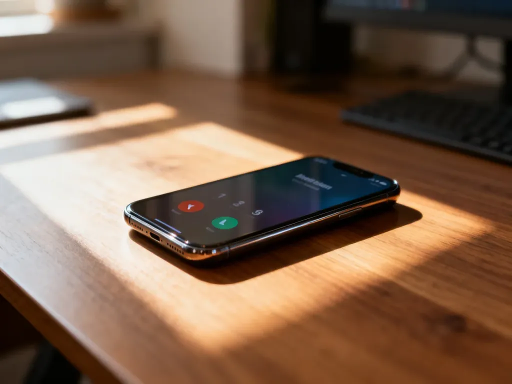 Nowoczesny smartfon leżący na biurku z widocznym interfejsem połączenia przychodzącego w przytulnym domowym biurze.