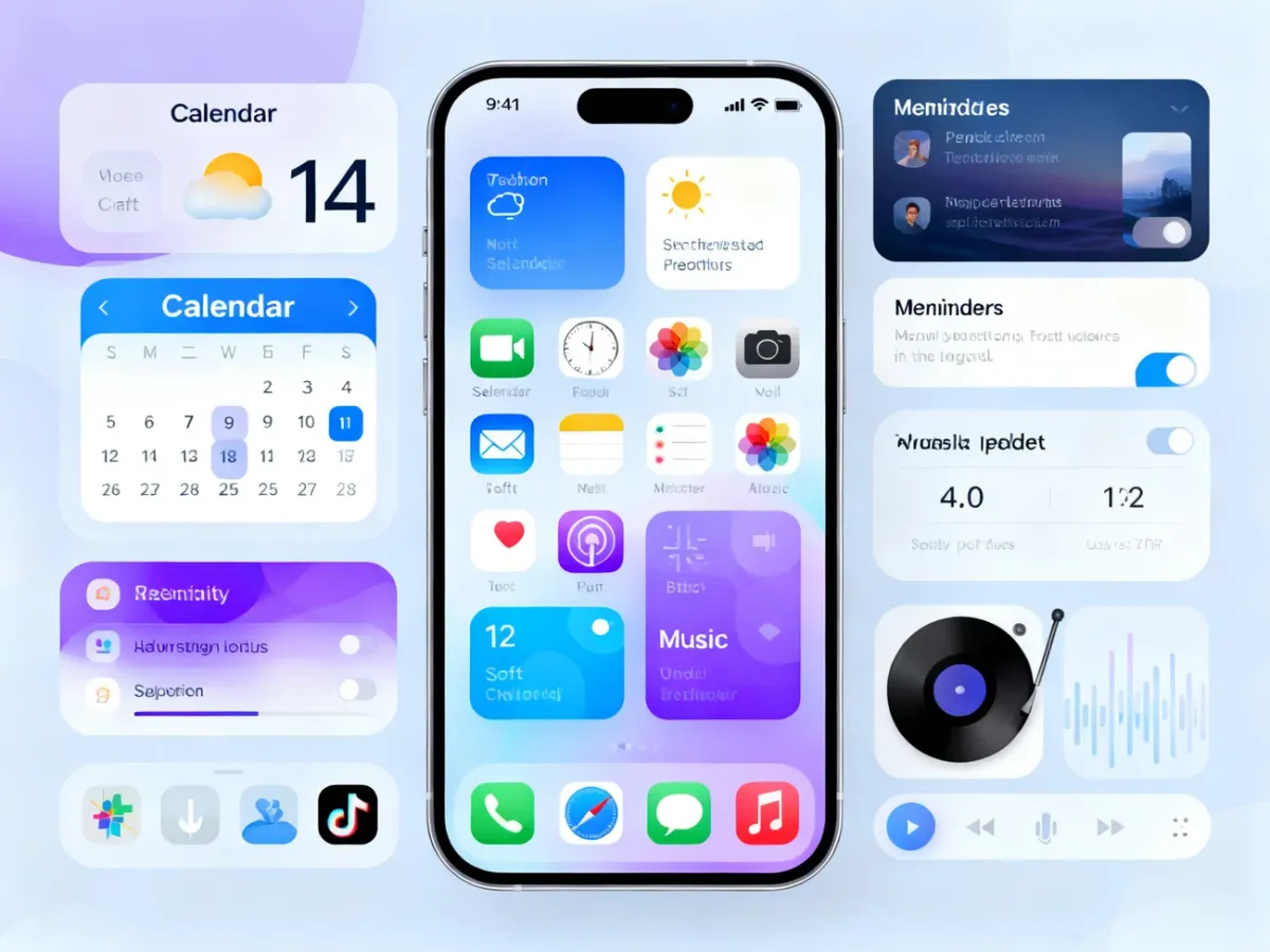 Ekran iPhone’a z widżetami i ikonami aplikacji w stylu iOS 14