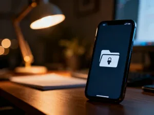 Nowoczesny smartfon z ikoną odblokowanej kłódki na ekranie, symbolizujący zmianę ustawień zabezpieczeń w aplikacji.