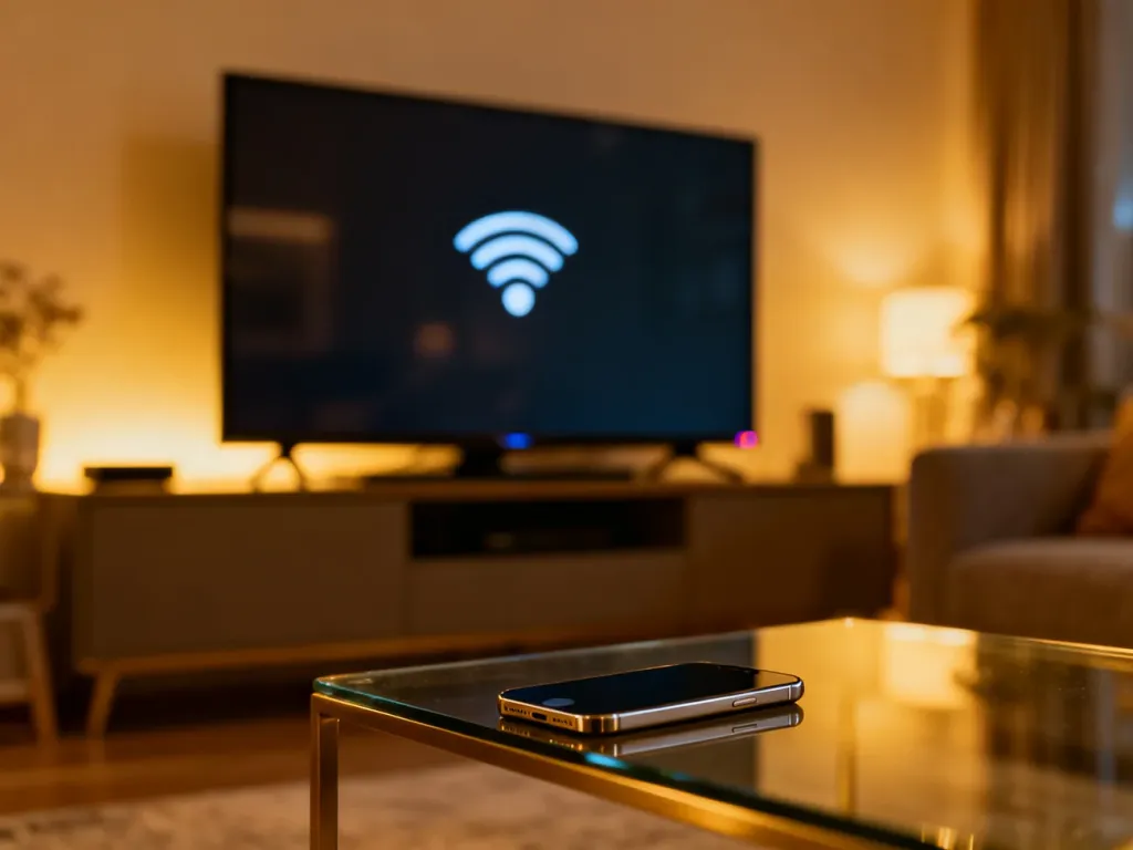 Smartfon leżący na stoliku przed telewizorem, na którego ekranie widoczna jest ikona bezprzewodowego przesyłania obrazu.