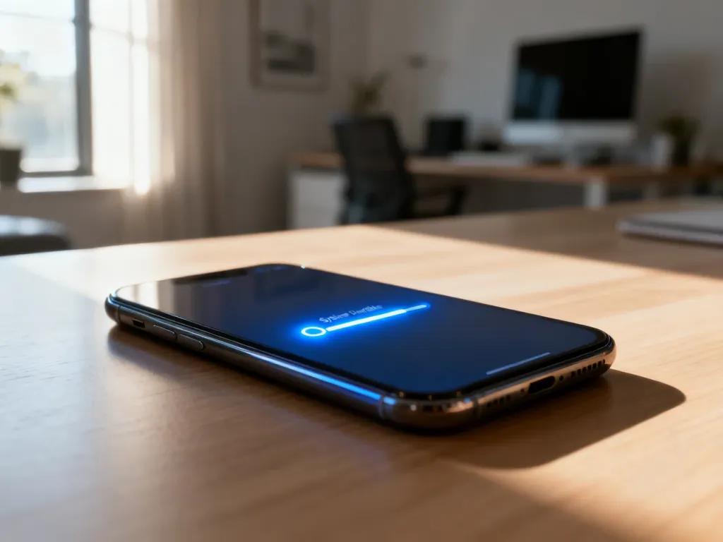 Nowoczesny smartfon na biurku z widocznym paskiem postępu aktualizacji systemu na ekranie.