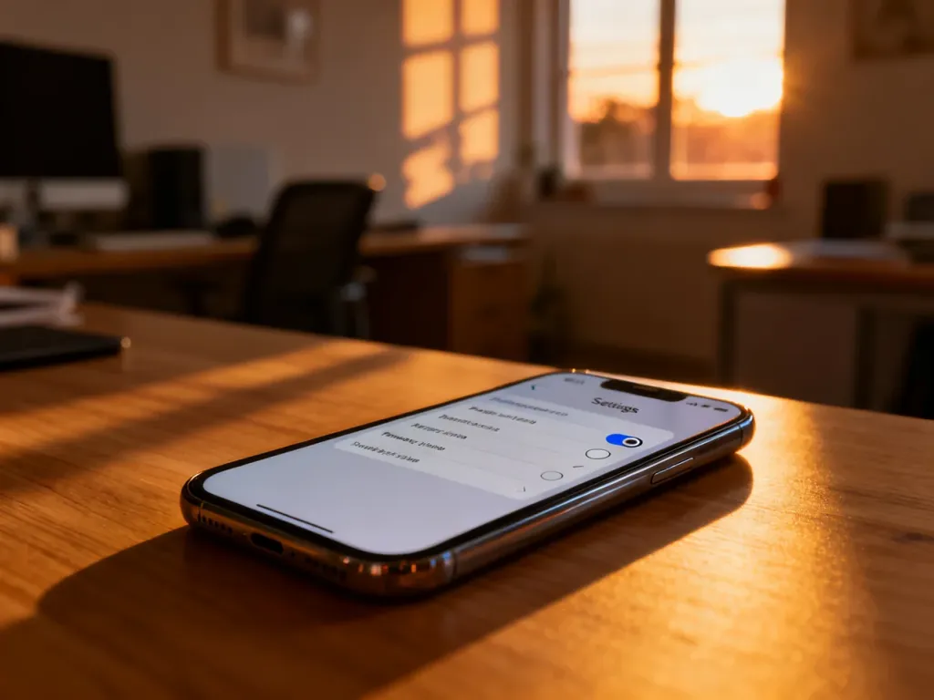 Smartfon leżący na biurku z otwartym menu ustawień, na którym wyłączany jest przełącznik funkcji.