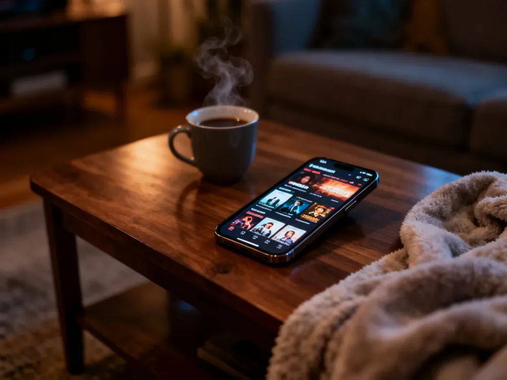 Smartfon z interfejsem Netflixa na drewnianym stole w przytulnym, wieczornym salonie z kawą i kocem.