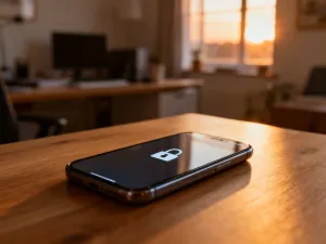 Nowoczesny smartfon na biurku z widocznym na ekranie paskiem postępu aktualizacji systemu Android.