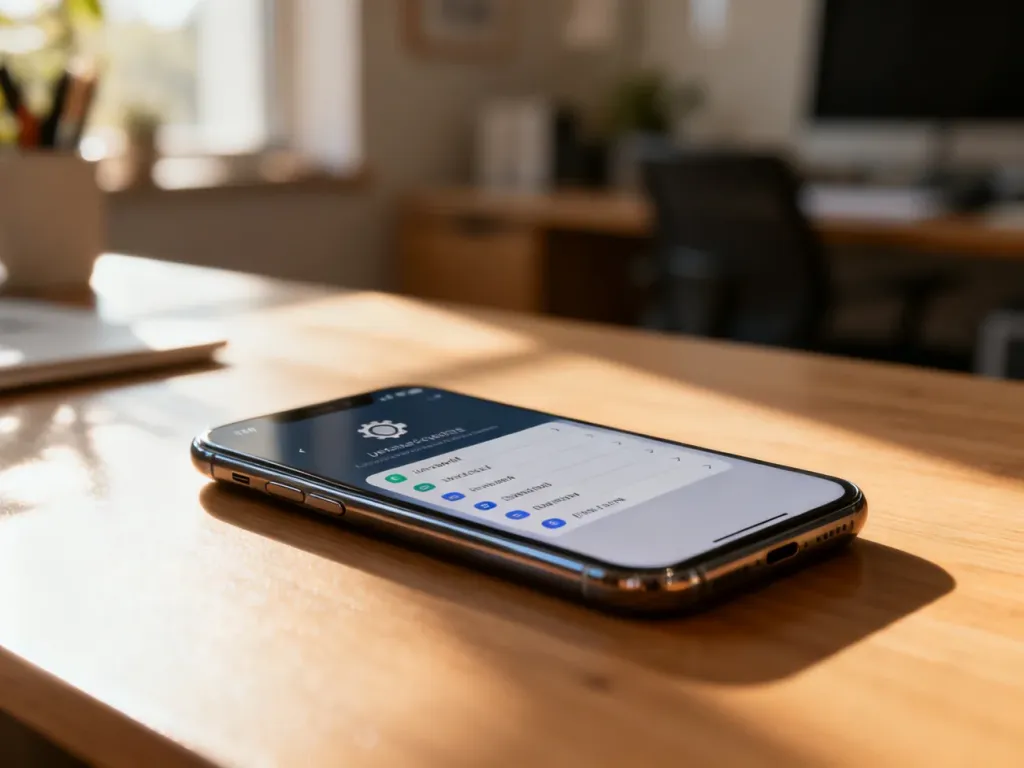 Nowoczesny smartfon z otwartym menu ustawień na ekranie, leżący na drewnianym biurku w słonecznym świetle.