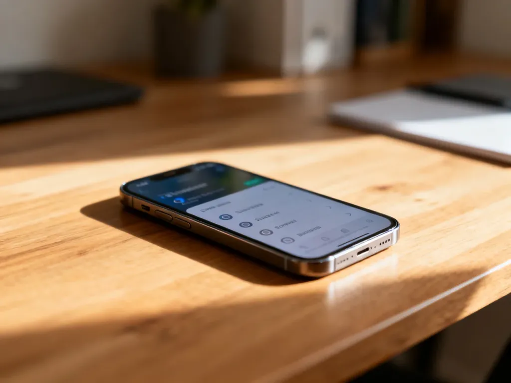 Nowoczesny smartfon leżący na biurku z otwartym menu ustawień, symbolizujący proces zarządzania usługami telefonicznymi.