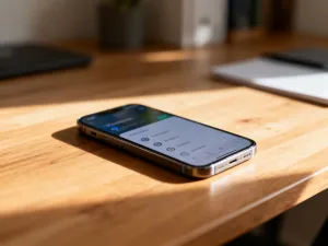 Ekran smartfona z widoczną ikoną kondycji baterii, leżący na drewnianym biurku w jasnym, biurowym wnętrzu.