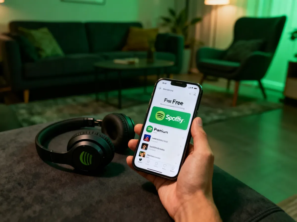 Osoba porównująca Spotify Free i Premium na smartfonie przy słuchawkach bezprzewodowych