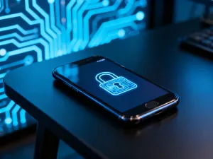 Nowoczesny smartfon z włączonym trybem ciemnym na minimalistycznym biurku w promieniach zachodzącego słońca.