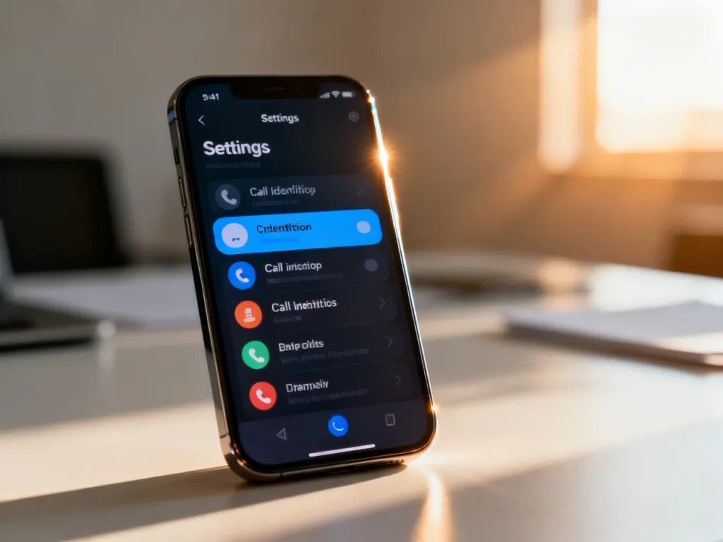 Ekran smartfona z otwartym menu ustawień połączeń, ułatwiający znalezienie opcji ukrywania lub wyświetlania numeru telefonu.