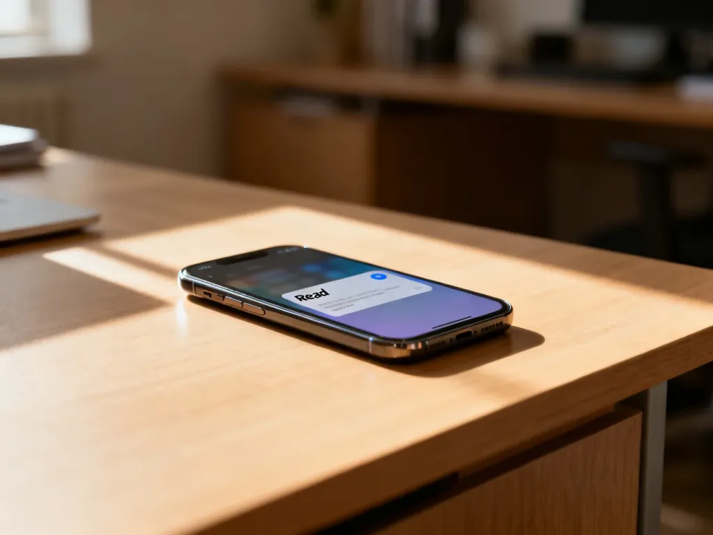 Nowoczesny smartfon na biurku z widocznym powiadomieniem o odczytaniu wiadomości tekstowej.