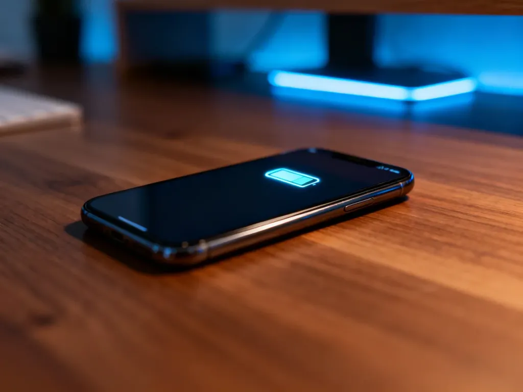Nowoczesny smartfon leżący na drewnianym biurku z widoczną ikoną poziomu naładowania baterii na ciemnym ekranie.