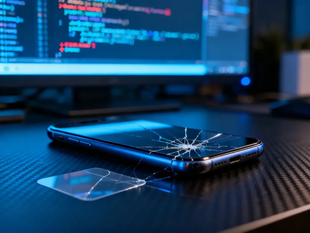 Nowoczesny smartfon z pękniętą szybką na tle monitora z kodem, obrazujący problemy z oprogramowaniem urządzenia.
