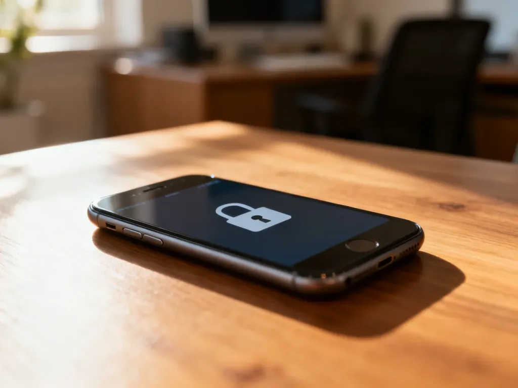 Nowoczesny smartfon z ikoną blokady zabezpieczającej na ekranie, leżący na drewnianym biurku w domowym biurze.