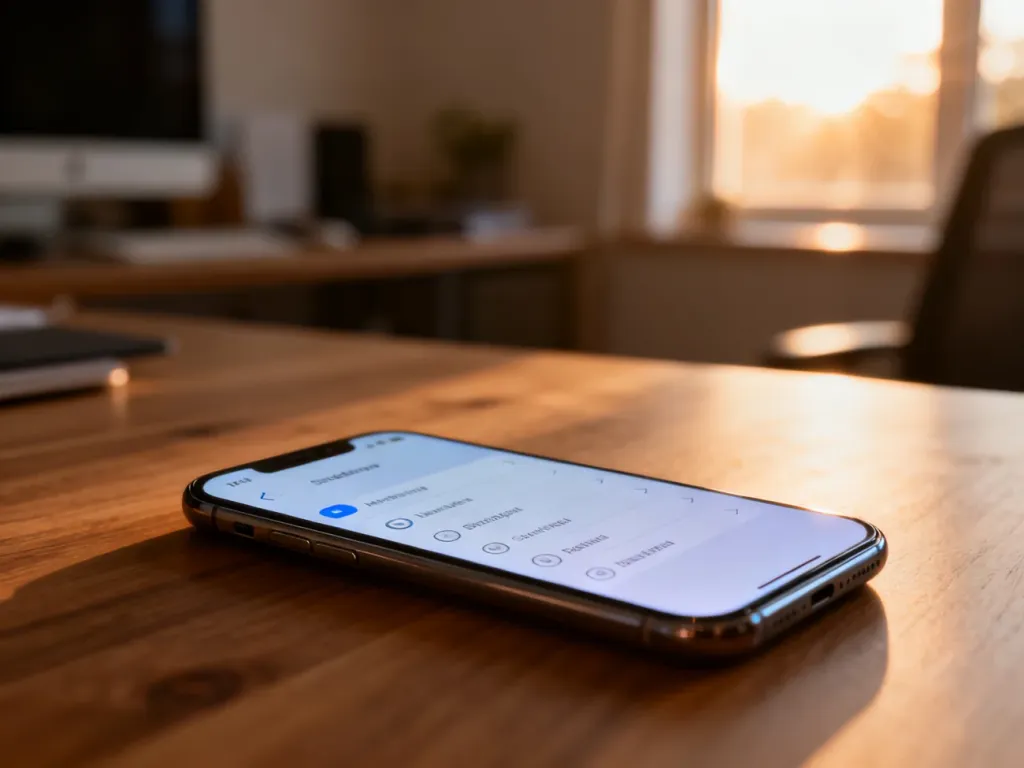 Nowoczesny smartfon leżący na drewnianym biurku z widocznym menu ustawień na ekranie.