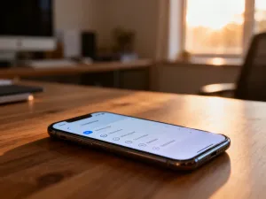 Smartfon leżący na biurku z wyświetlonym wykresem zużycia baterii w ustawieniach systemu Android.