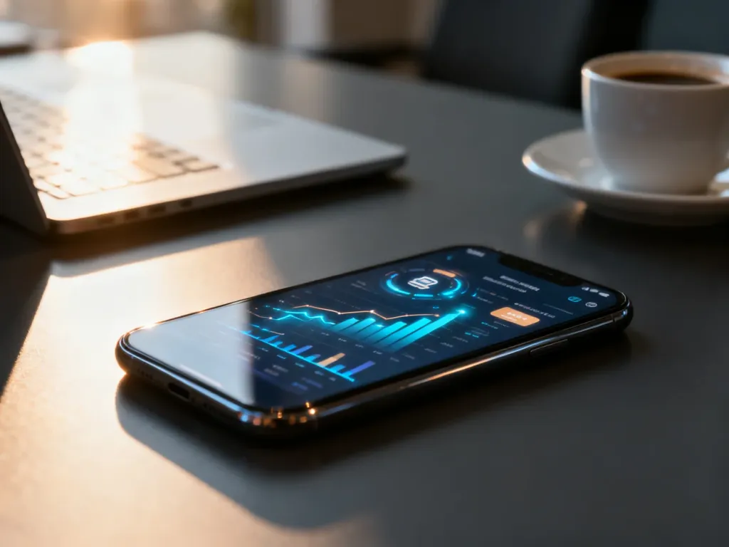 Nowoczesny smartfon z wyświetlonym interfejsem finansowym na tle biurowego biurka w porannym świetle.