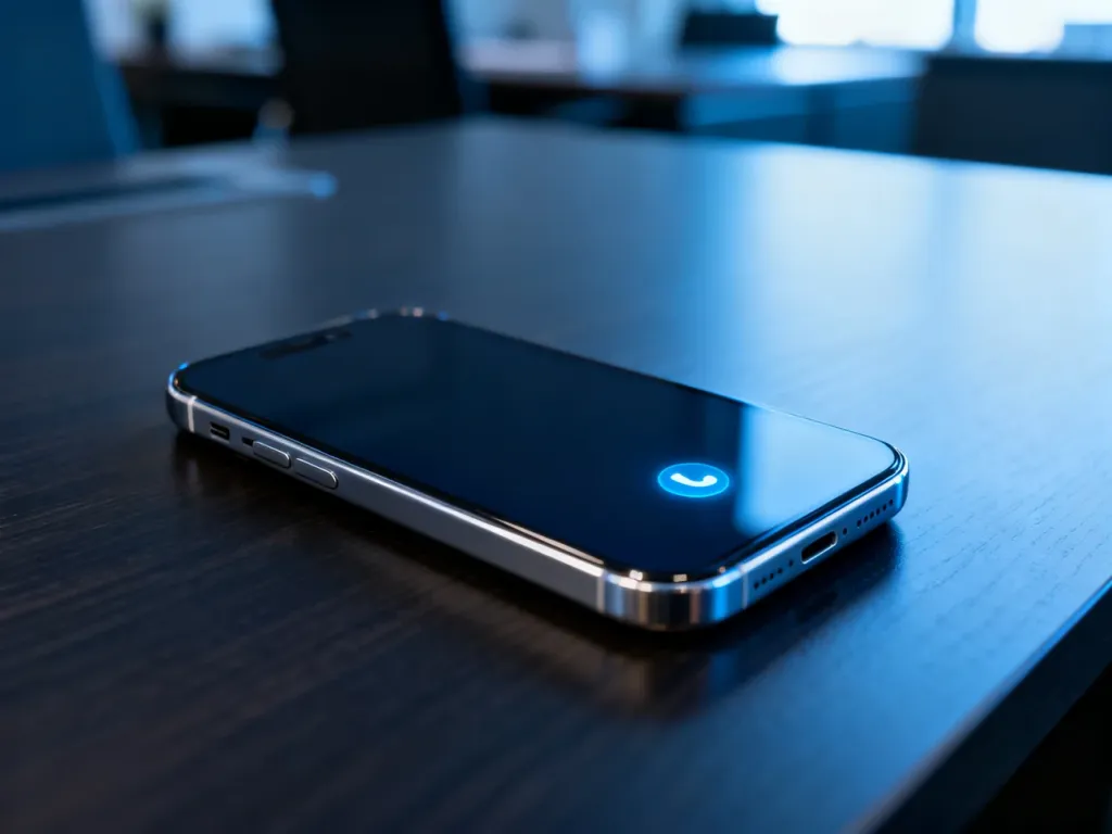Nowoczesny smartfon leżący na biurku z delikatnie podświetloną ikoną powiadomienia o nieodebranym połączeniu.