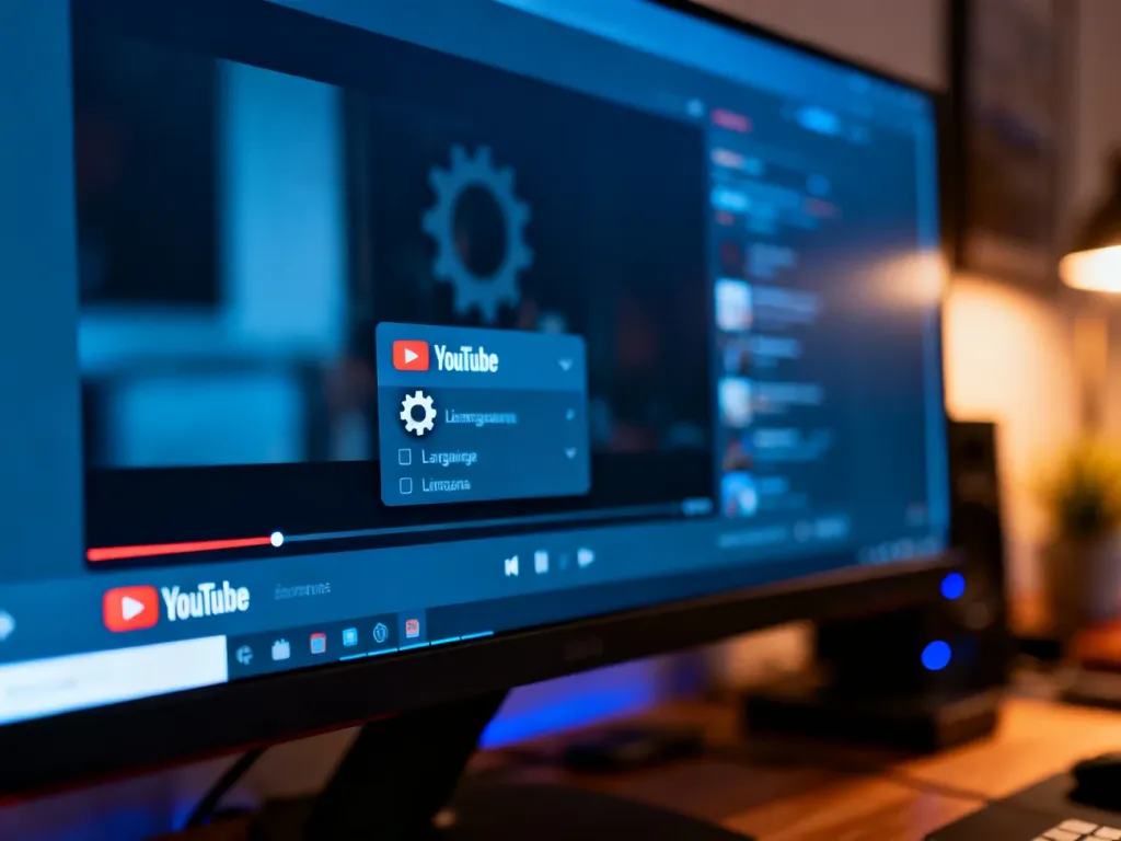 Zbliżenie na ikonę ustawień w odtwarzaczu YouTube oraz menu wyboru języka na ekranie komputera.