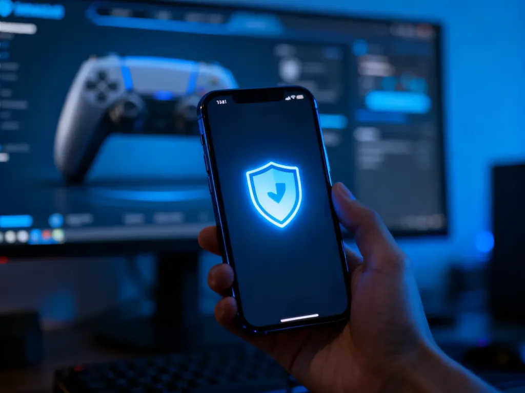 Smartfon z ikoną tarczy zabezpieczającej, symbolizującą dwuetapową weryfikację konta Steam w procesie logowania.