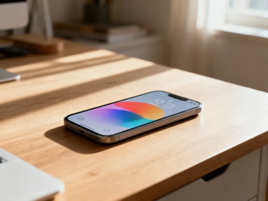 Nowoczesny smartfon z czystym interfejsem systemu Android leżący na drewnianym biurku w domowym biurze.