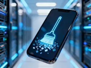 Dwa smartfony na biurku, prezentujące ikony aplikacji Wiadomości Samsung oraz Google w nowoczesnym biurze.