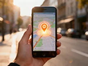 Minimalistyczny smartfon z cyfrową mapą i świecącą ikoną lokalizacji na drewnianym biurku.