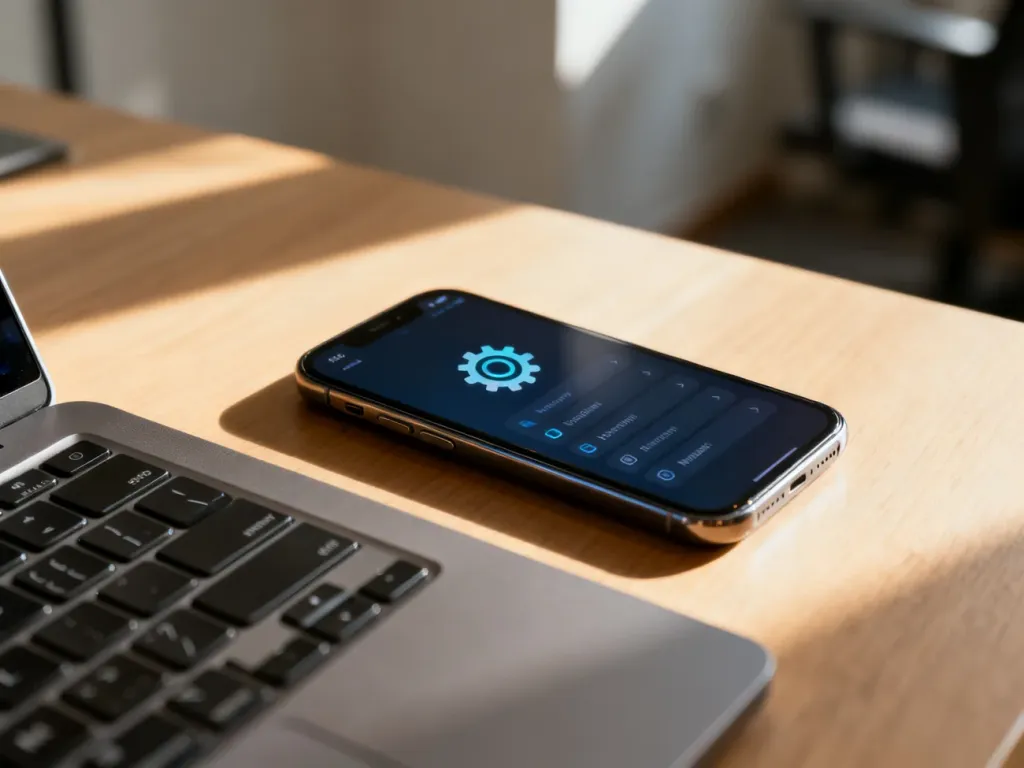 Zbliżenie na smartfon z ikoną ustawień i klawiaturę laptopa na drewnianym biurku, ilustrujące proces konfiguracji urządzeń.