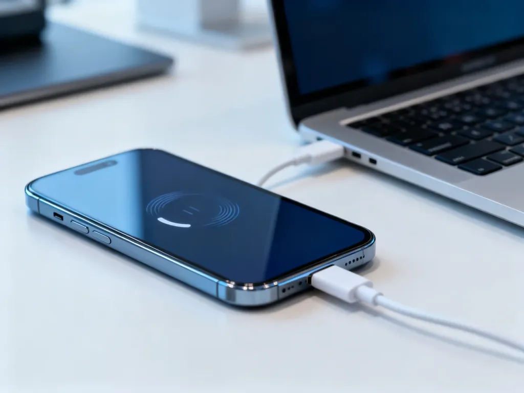 Smartfon podłączony kablem USB do laptopa w trakcie procesu aktualizacji lub przywracania systemu.