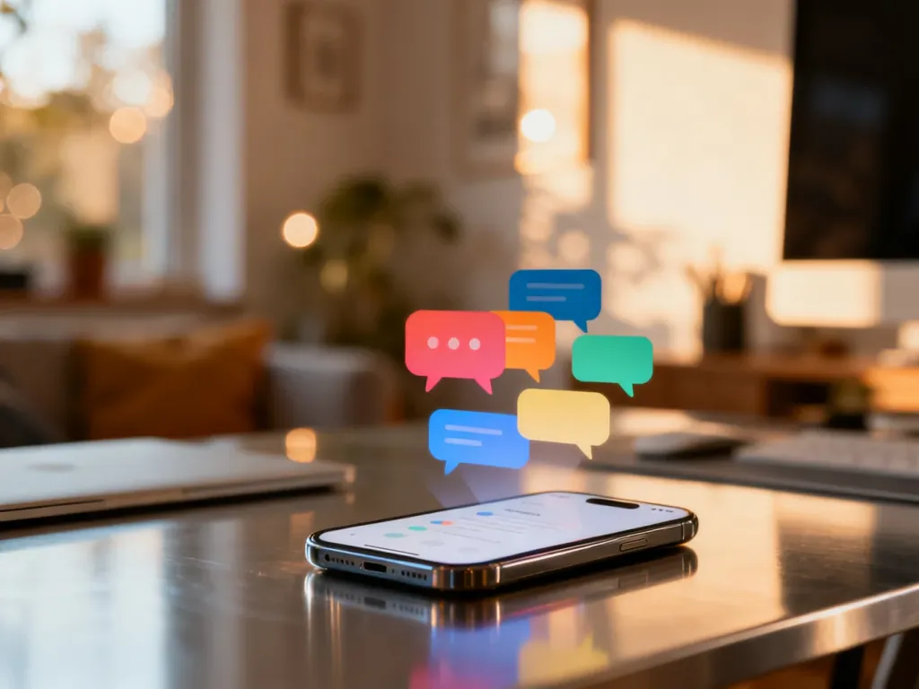 Nowoczesny smartfon z ikonami dymków czatu, symbolizujący komunikację w aplikacji Google Hangouts.