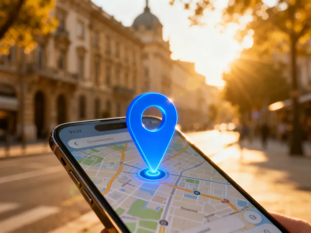 Ekran smartfona z widoczną mapą i pinezką nawigacyjną na tle słonecznej ulicy miasta.