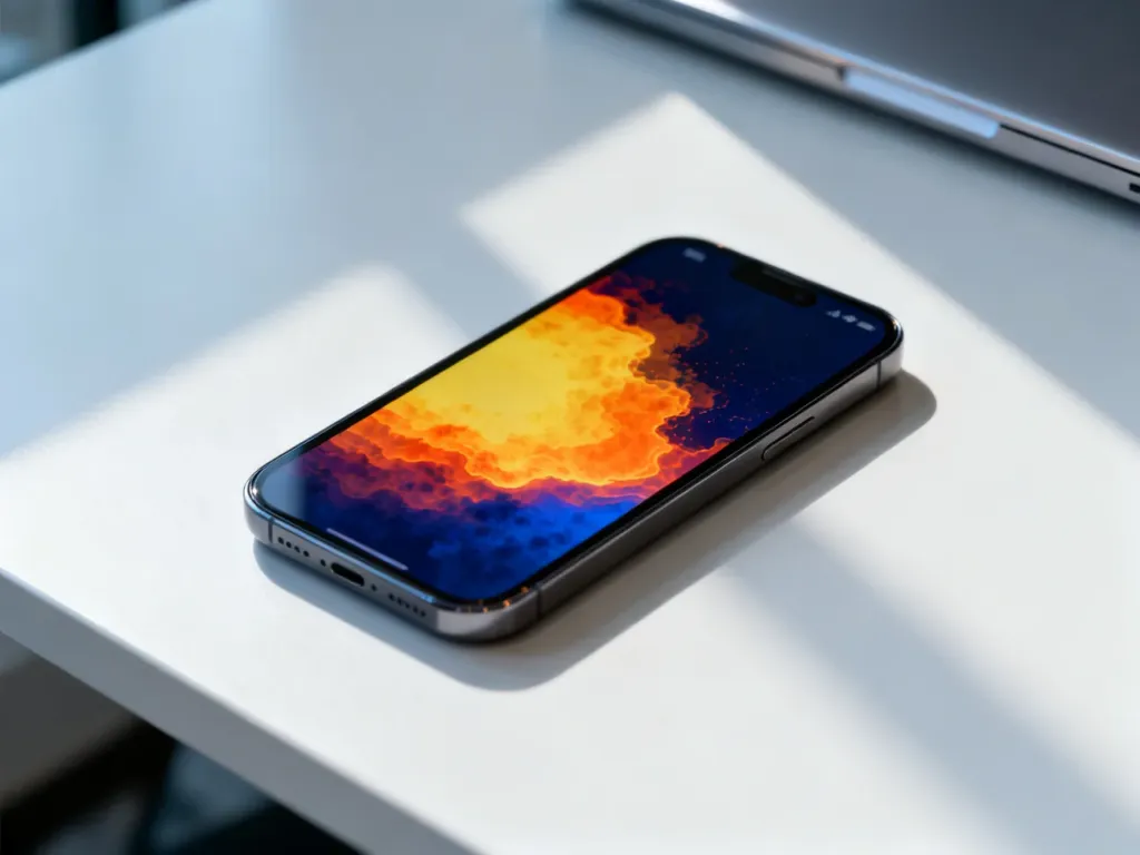 Smartfon z wyświetloną mapą termiczną na ekranie, ilustrujący proces sprawdzania temperatury urządzenia.