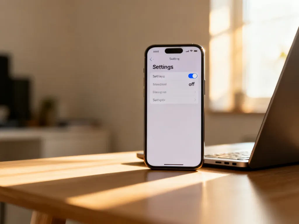Nowoczesny smartfon i laptop na biurku, z widocznym wyłączonym przełącznikiem ustawień kopii zapasowej na ekranie telefonu.