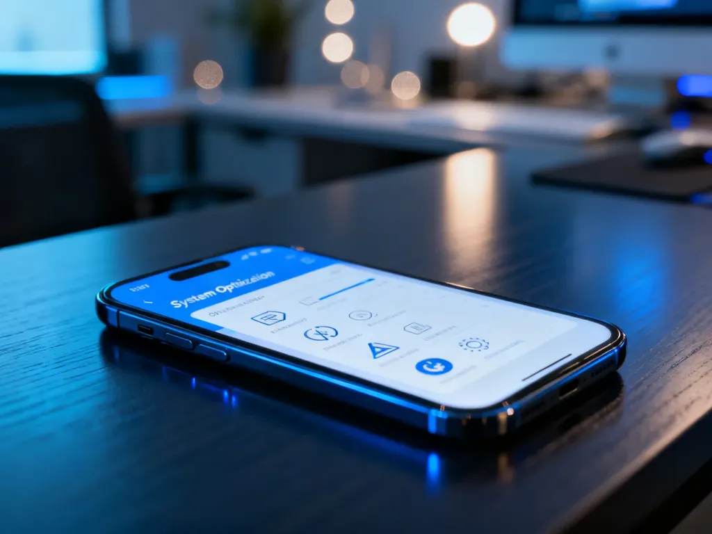Smartfon z otwartym panelem optymalizacji systemu na ekranie, leżący na biurku w profesjonalnym biurze.