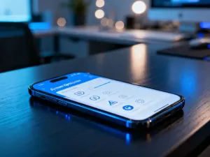 Ekran smartfona z wyświetlonymi ustawieniami systemowymi i kodem oprogramowania w nowoczesnym, technologicznym stylu.