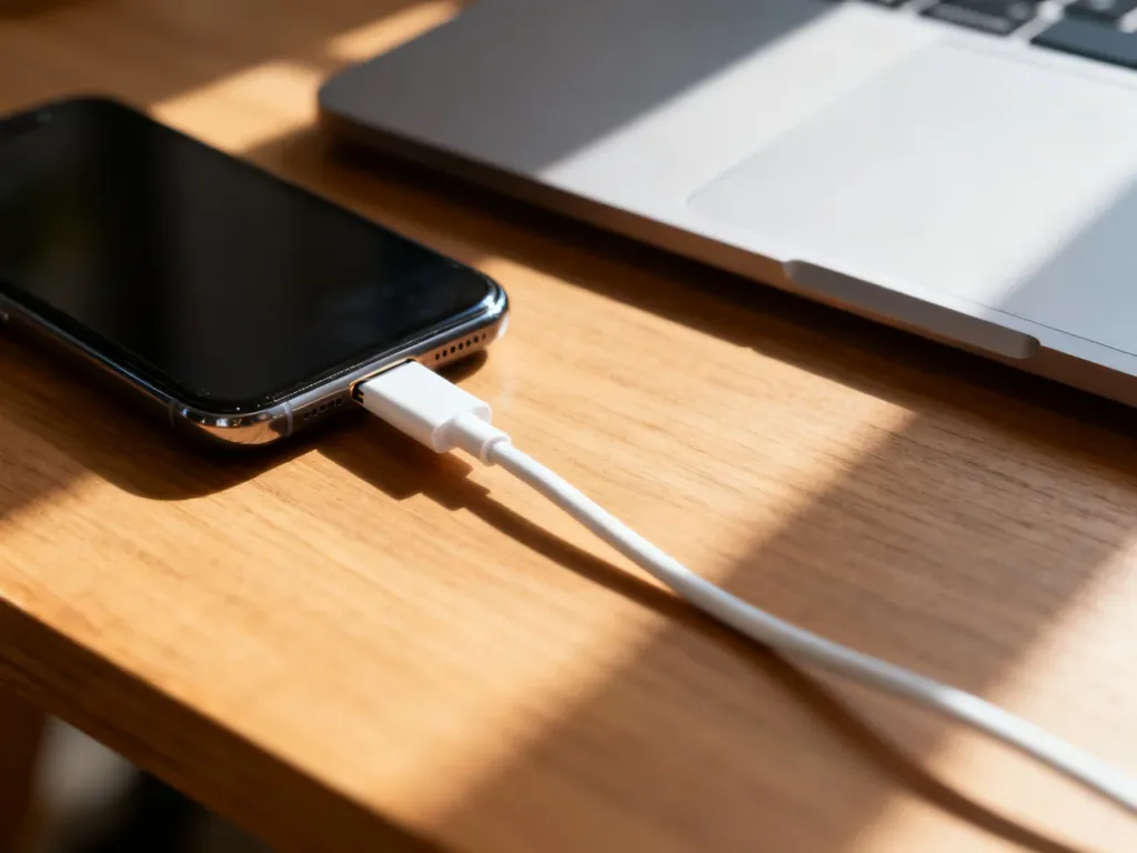 iPhone podłączony kablem do laptopa na drewnianym biurku, gotowy do wykonania kopii zapasowej danych.