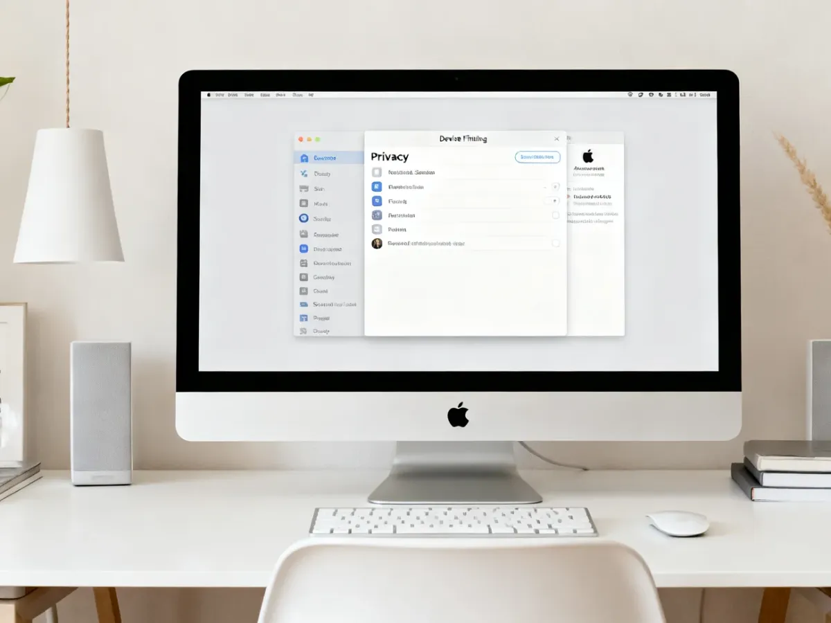 Mac z otwartymi ustawieniami funkcji Znajdź mój Mac