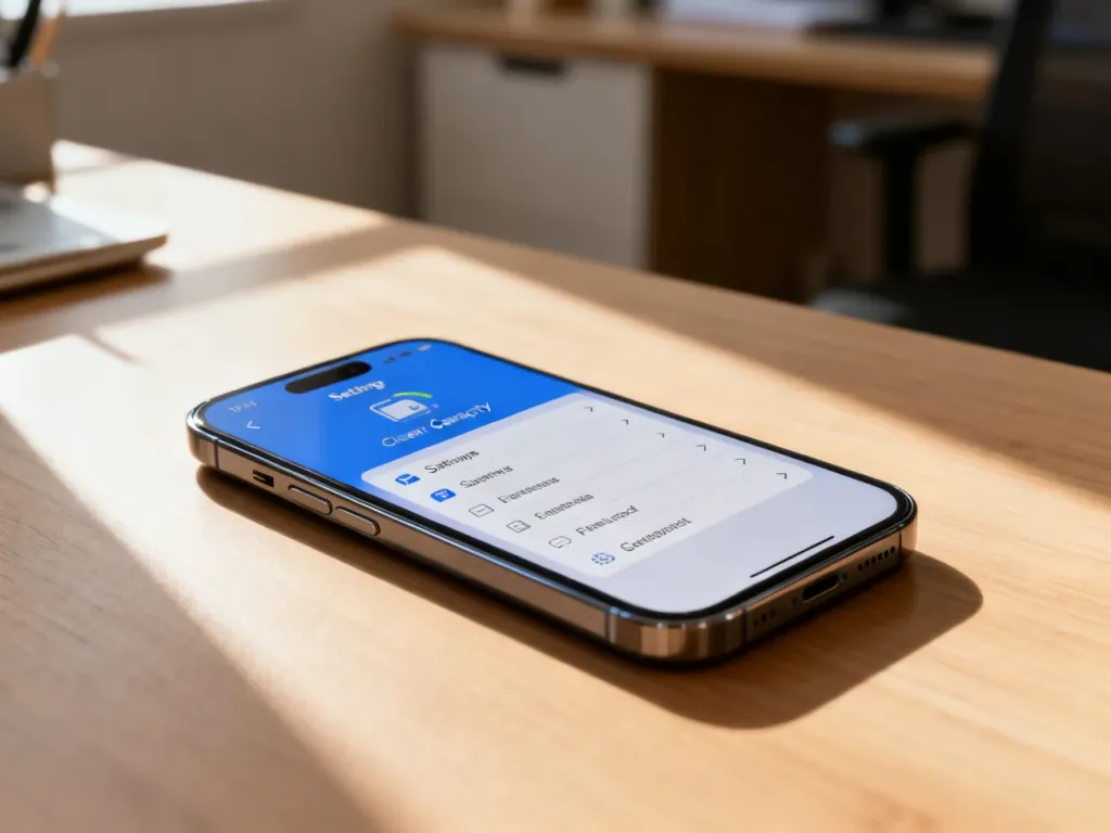 Smartfon leżący na biurku z widocznym menu ustawień, wskazującym na sprawdzanie dostępnej pamięci urządzenia.