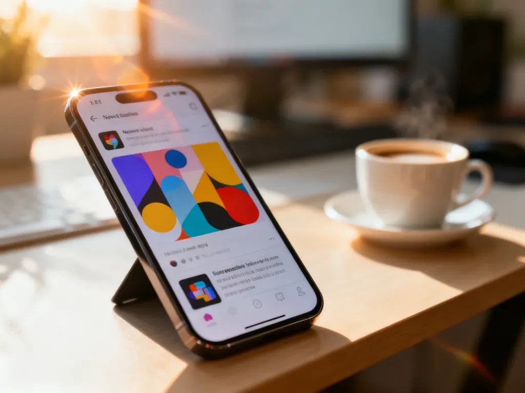 Ekran smartfona z minimalistycznym interfejsem kanału informacyjnego Discover w przytulnym domowym biurze.